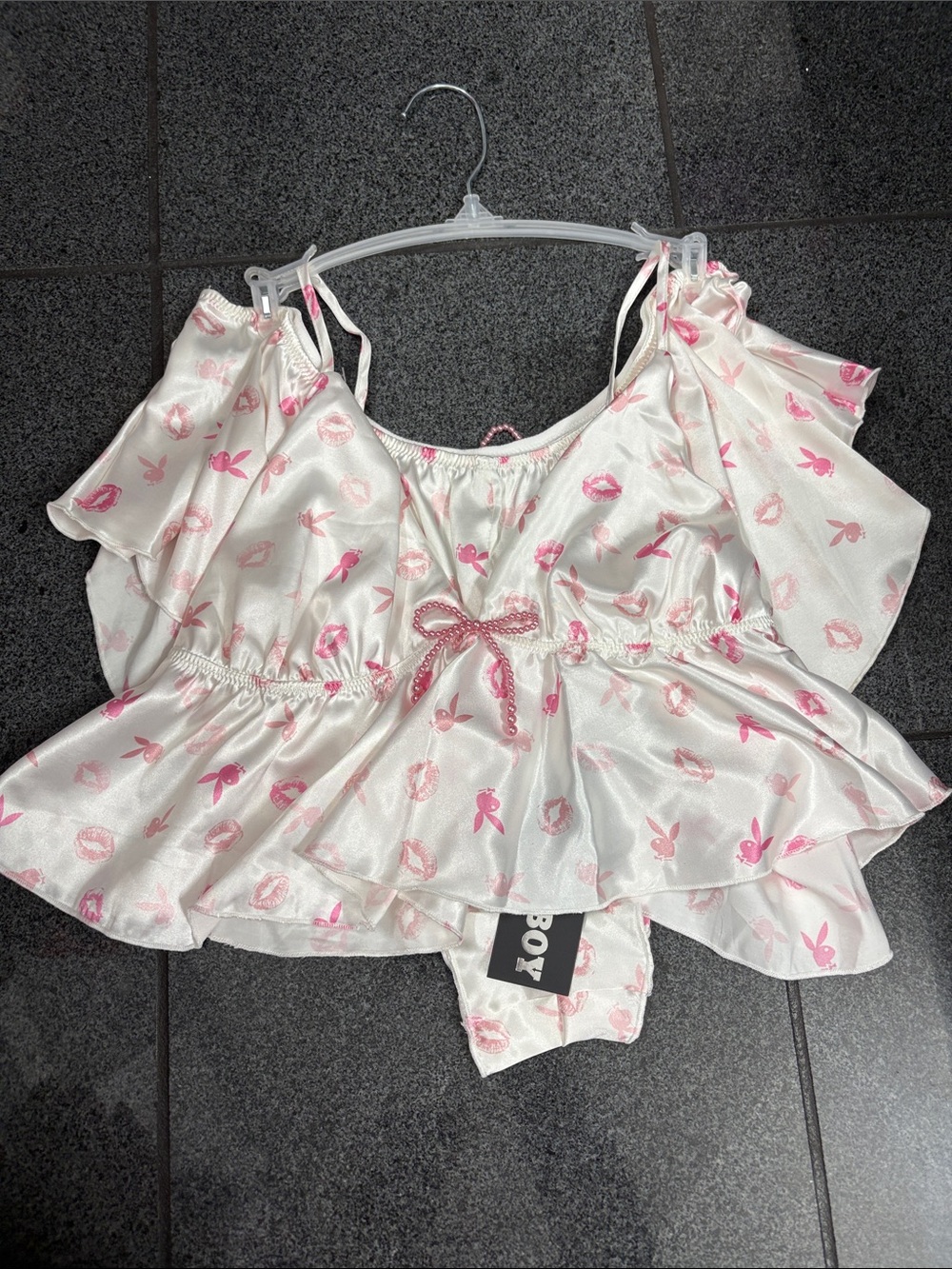 PLAYBOY White Satin Chemise with Pink Print and Bow
